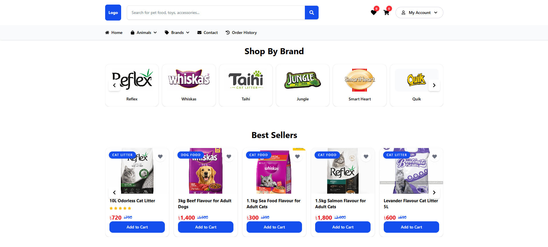 Pet shop homepage with brand showcase and best sellers section